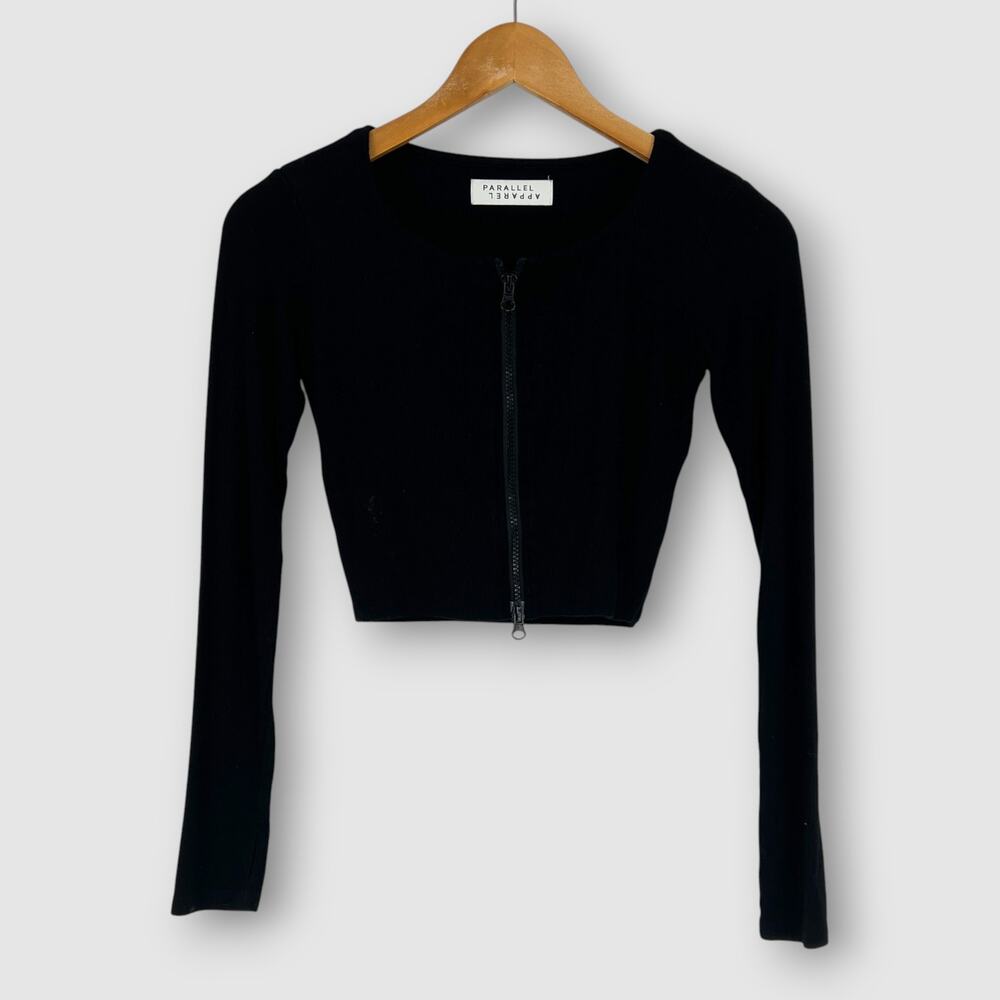 Parallel Apparel Black Long Sleeve Cropped Zip-Up Top Size XS